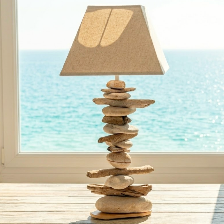 Lampe Galets et Bois Flottés - Hauteur 57 cm LE PLACARD A GALETS